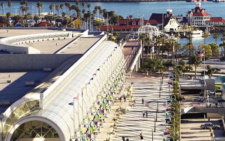 Sky view of the city of Long Beach Convention Center with Shoreline Village in the background